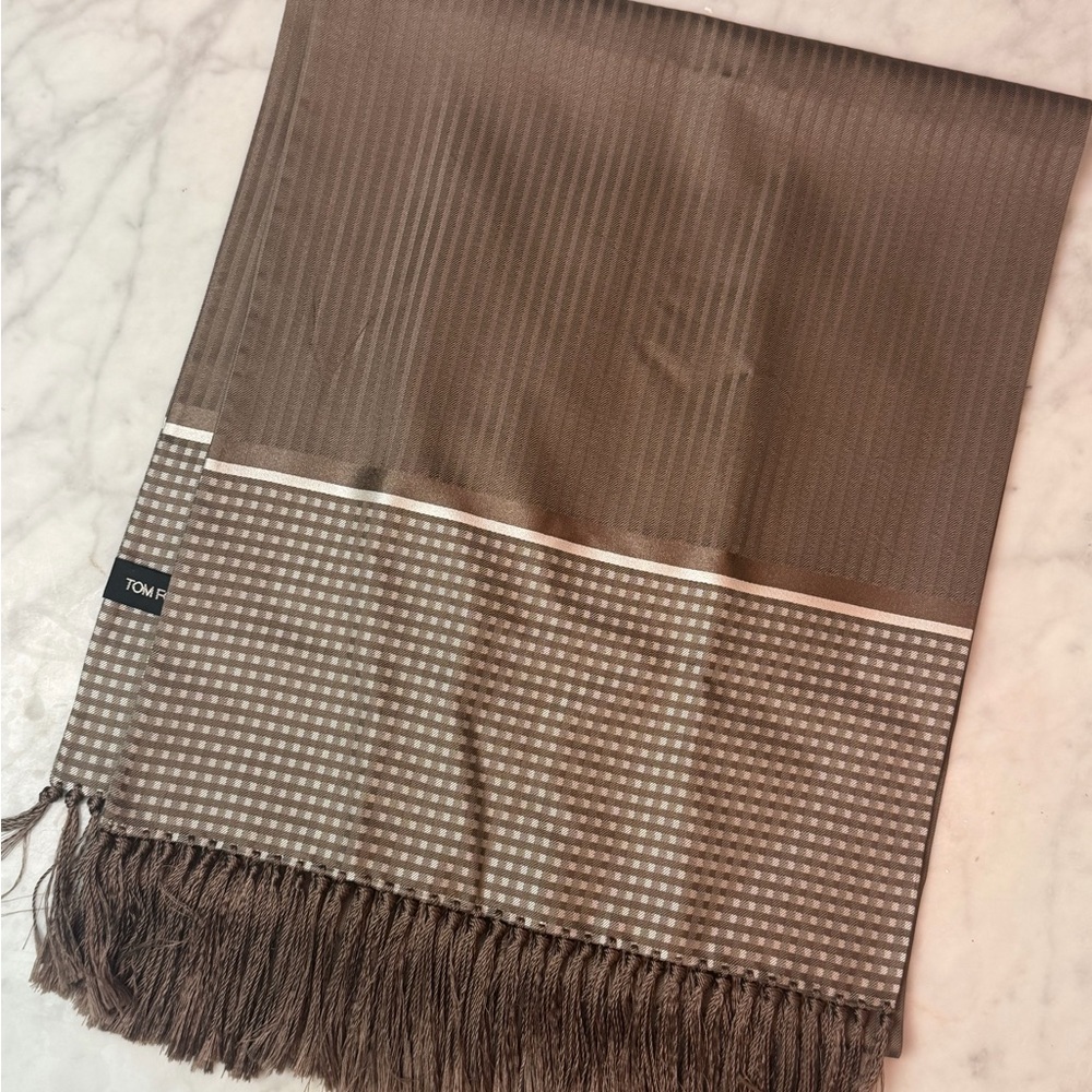 Tom Ford Brown Checkered Scarf with Fringe